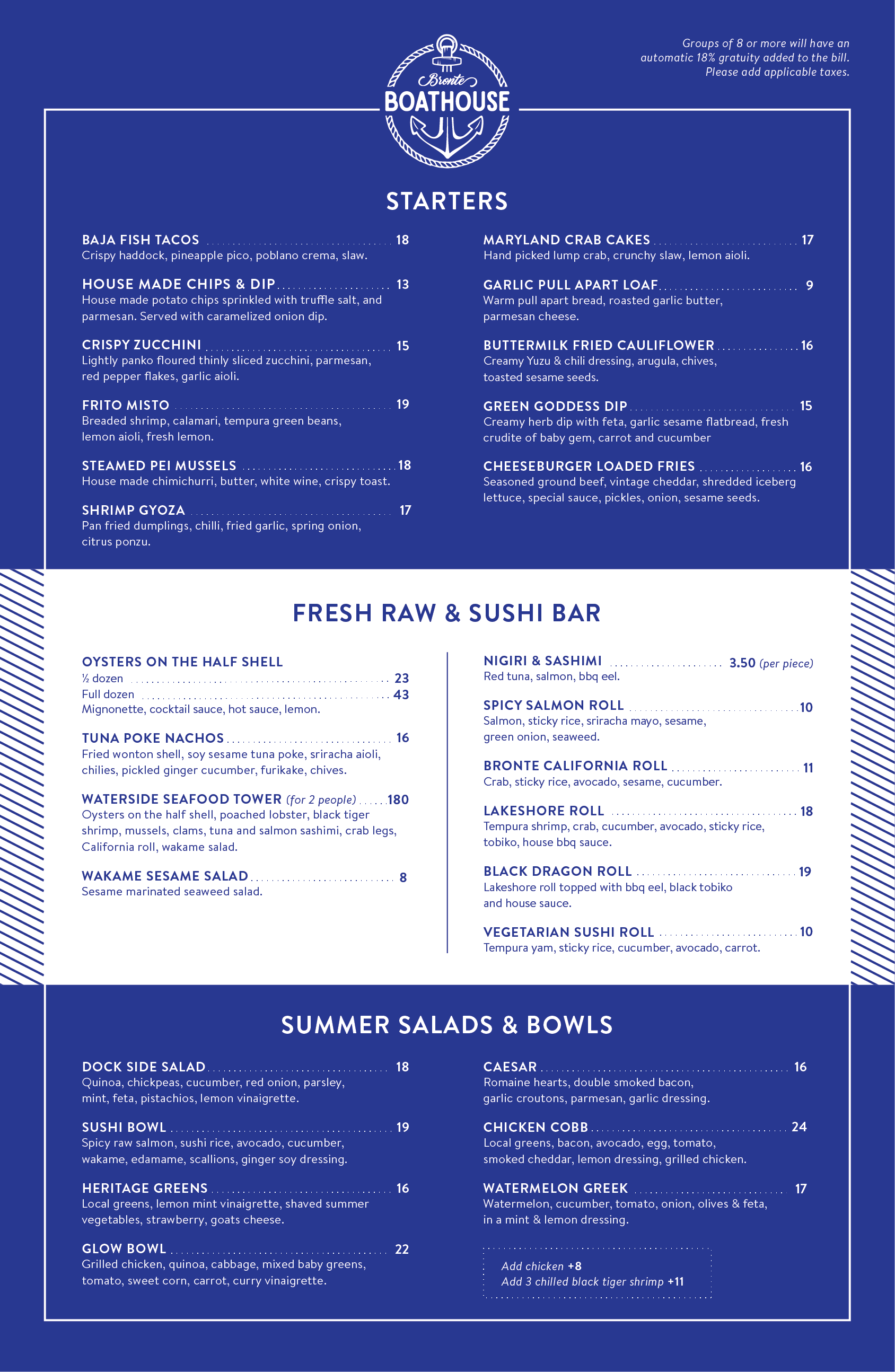 Bronte Boathouse Summer food menu