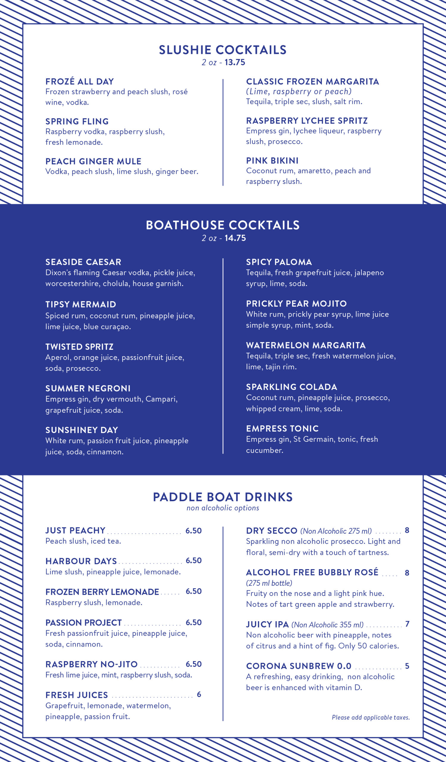 Bronte Boathouse Summer drink menu