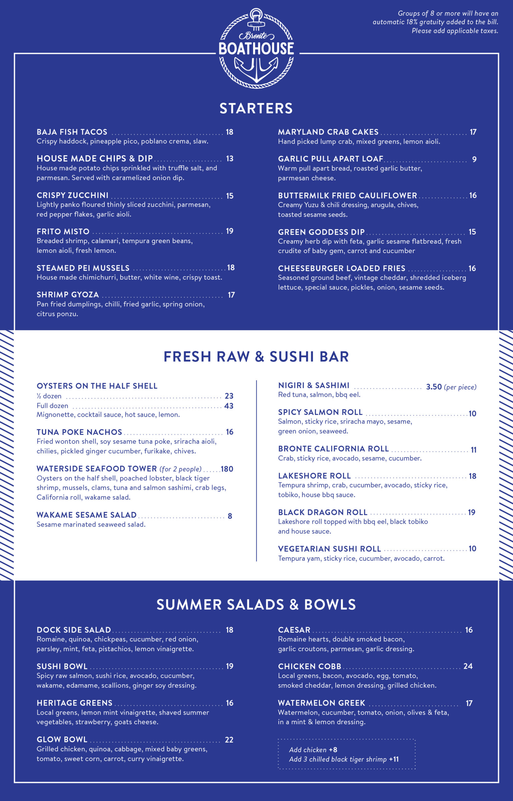 Bronte Boathouse Summer food menu